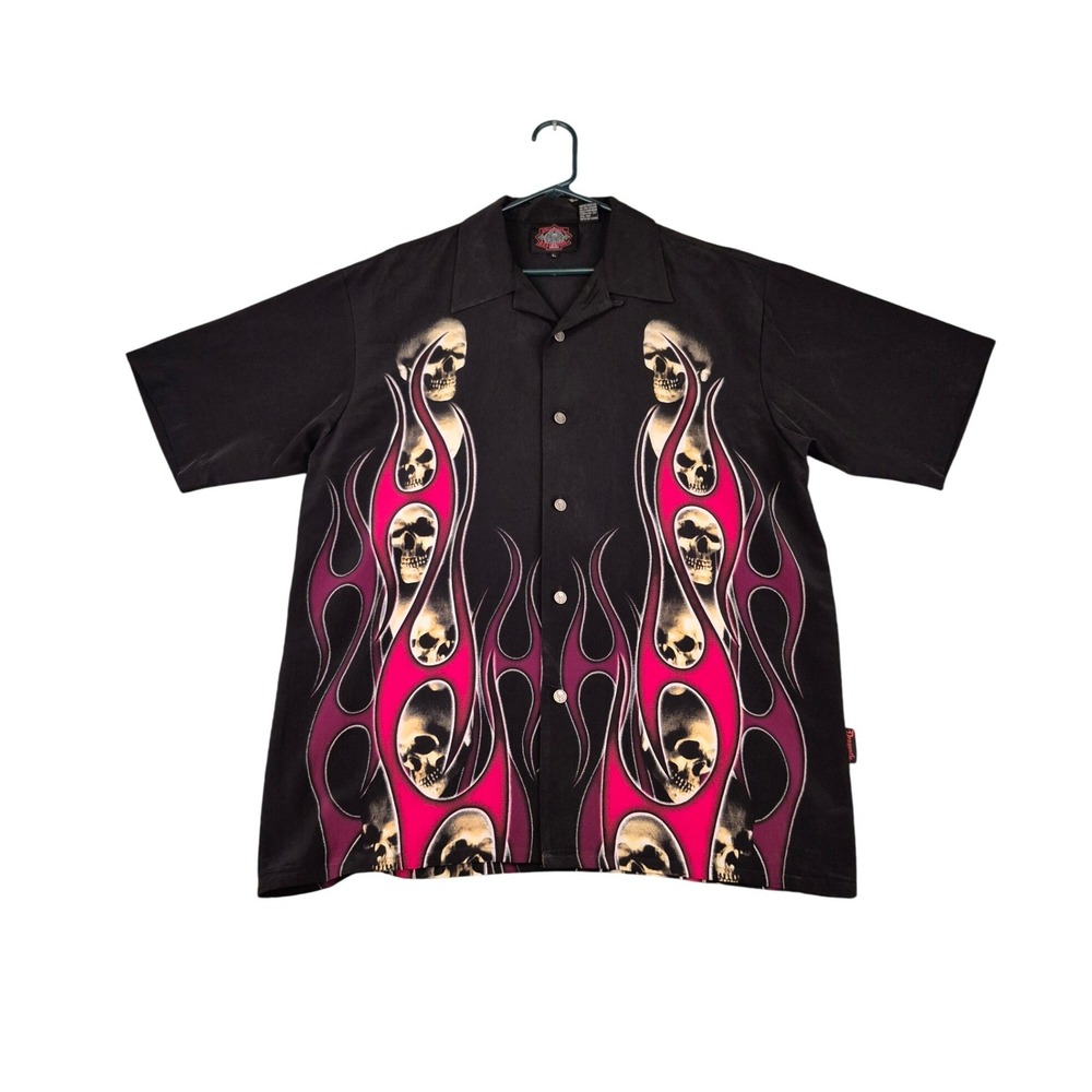 Dragonfly Roadhouse Mens Large Black Red Skull Flame Graphic Button‎ Down Shirt